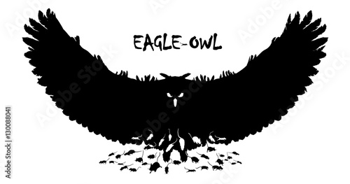 Isolated Flying eagle-owl silhouettes with double exposure effect and the running mouses on the background