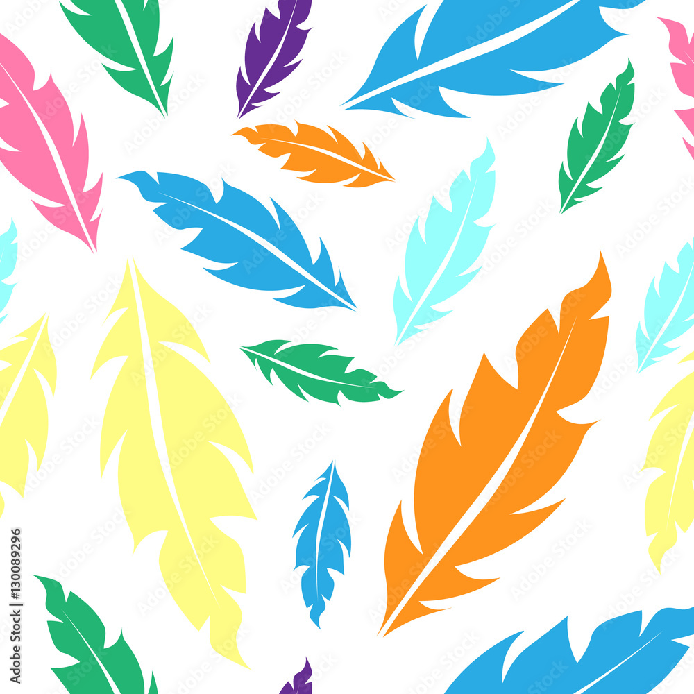 Seamless pattern with color feathers yellow, blue, green, pink, orange colors