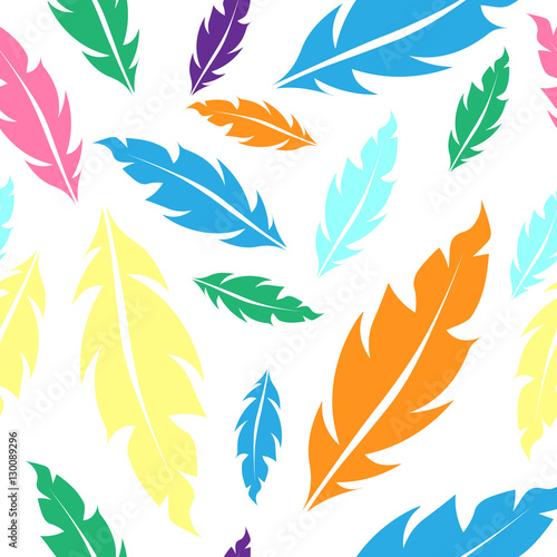 Seamless pattern with color feathers yellow  blue  green  pink  orange colors