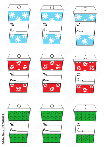 Xmas christmas new year holiday season gift tags set nine gift tags cofee mug blue, red and green colors, snow, knit texture