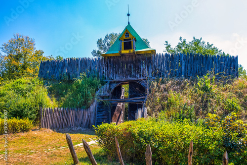 traditional settlement of wood Ukrainian Cossacks. Wooden fortress photo