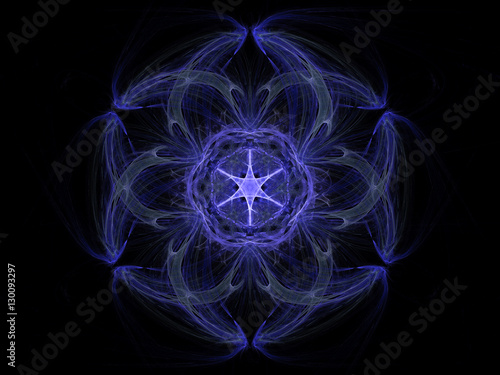 Fractal pattern of  blue star with hearts  on  black background
