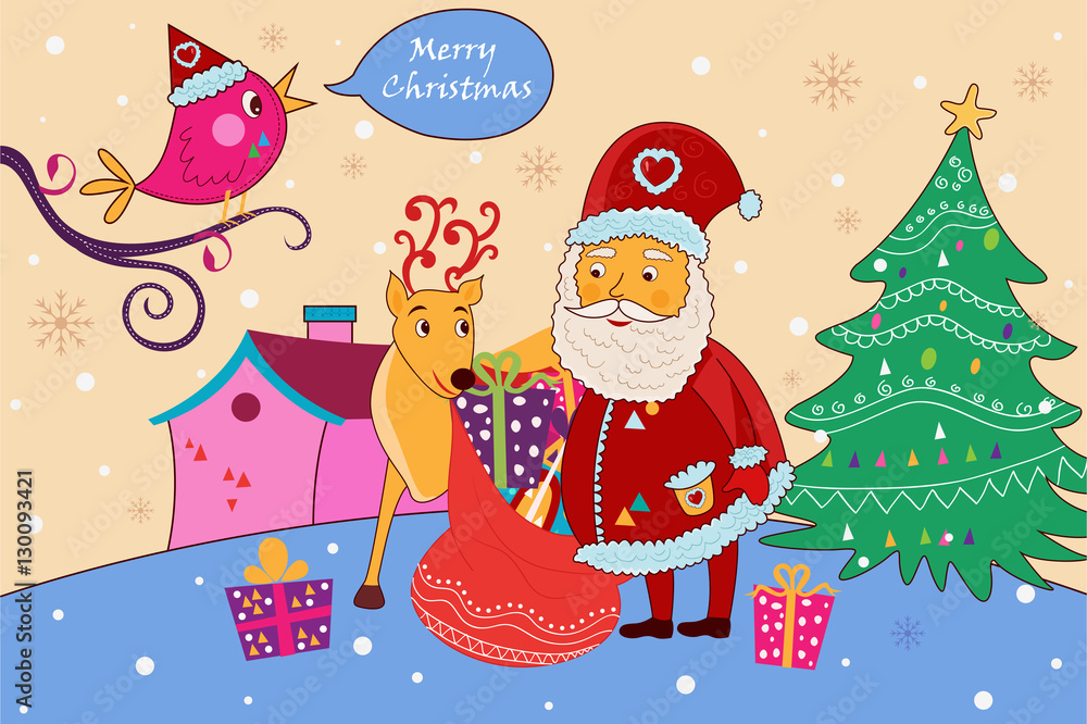 Plakat Santa with gift for Merry Christmas holiday celebration background