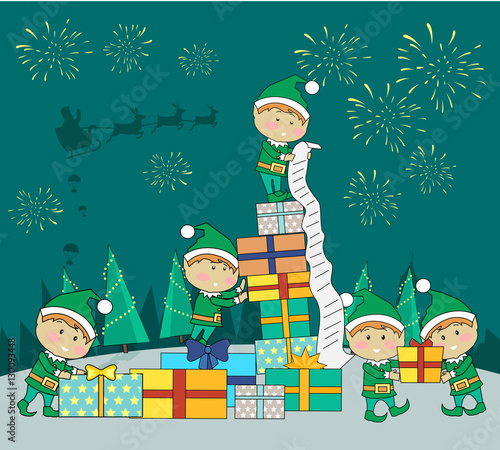 Christmas Elves Packing Presents Gift Boxes