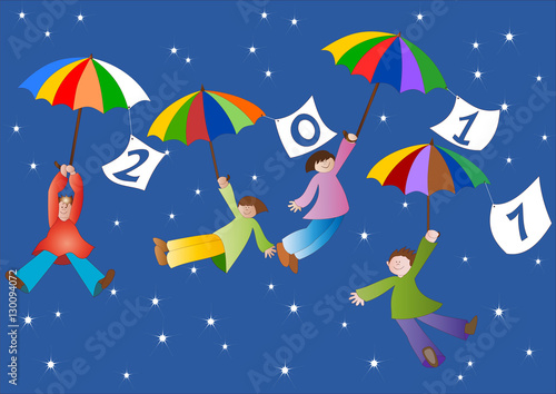 anno nuovo con bambini in volo con ombrelli