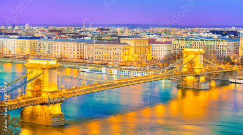 Panoramic view over Szechenyi Chain Bridge and Danube River of Budapest, capital of Hungary.