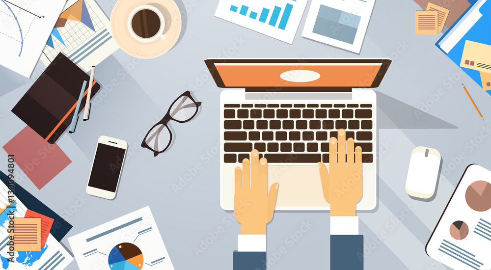 Business Man Typing Laptop Workplace Desk Documents Papers Folder Office Stuff Top Angle View Flat Vector Illustration