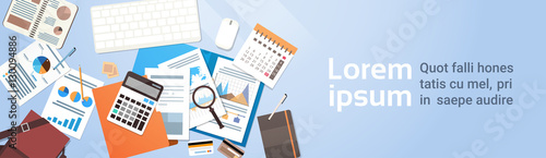 Workplace Desk Documents Papers Folder Office Stuff Top Angle View Flat Vector Illustration