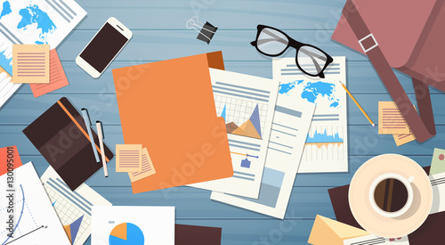 Workplace Desk Documents Papers Folder Office Stuff Top Angle View Flat Vector Illustration