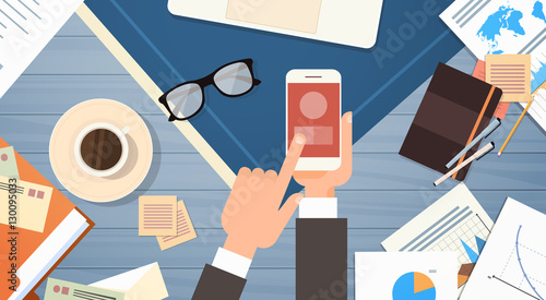 Business Man Using Smart Phone Workplace Desk Documents Papers Folder Office Stuff Top Angle View Flat Vector Illustration