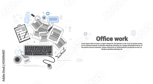 Office Paper Work Occupation Business Concept Banner Thin Line Vector Illustration