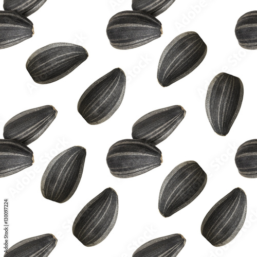 Seamless pattern of black sunflower seeds isolated on white background