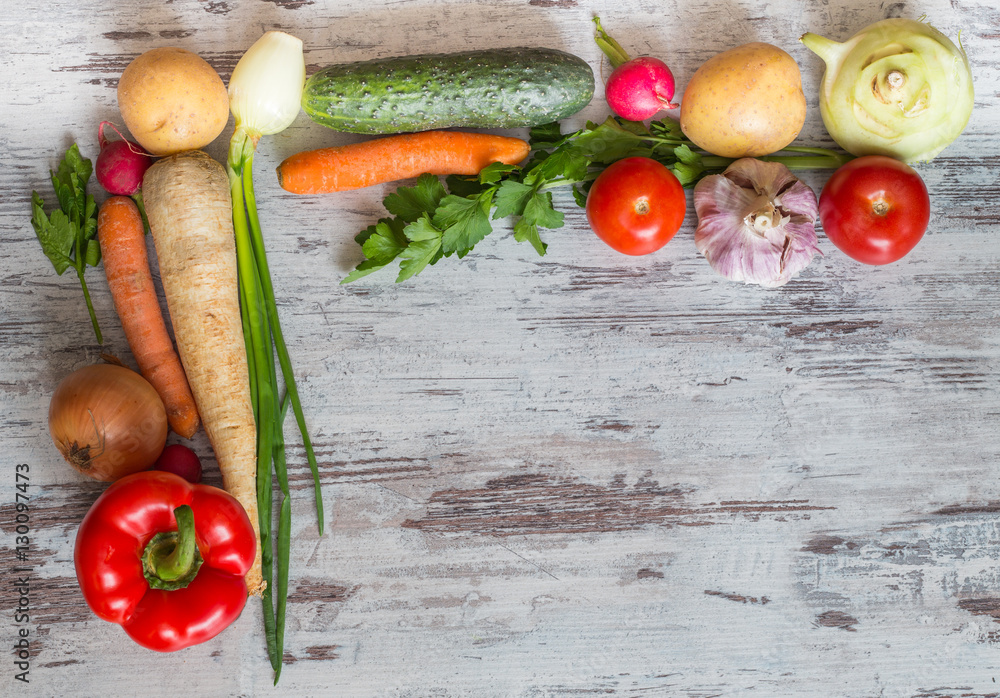 Fresh organic vegetables on table with place for inscription. Fresh organic vegetables on table with place for inscription.