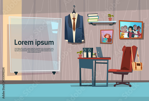 Modern Office Interior Workplace Empty Chair Desk Flat Vector Illustration