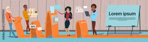 Ethnic Business People Group Seminar Training Conference Brainstorming Presentation Mix Race Team Businesspeople Office Flat Vector Illustration