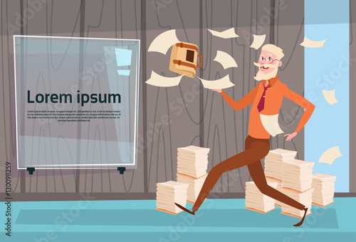 Senior Busy Business Man Run Throwing Paper Documents Paperwork Flat Vector Illustration