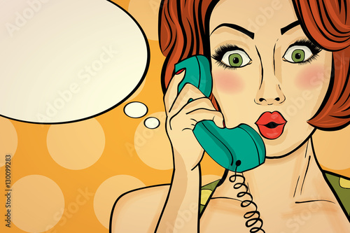 Surprised pop art woman chatting on retro phone . Comic woman wi