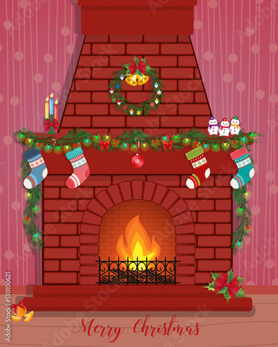 Christmas card with a decorated fireplace.