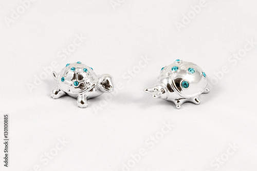 Ornamental silver turtle and ladybird with gemstones