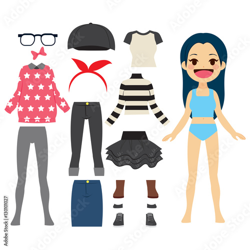 Cute cheerful paper doll girl with a set of clothes and accesories