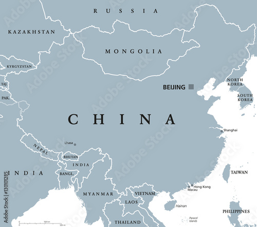 China political map with capital Beijing and national borders. Peoples Republic in East Asia. With Shanghai, Hong Kong and Macau. Gray illustration with English labeling on white background. Vector.