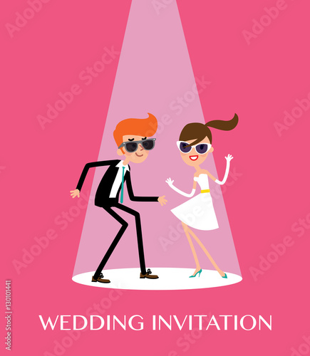 Wedding invitation design with retro style dressed bride and groom dancing twist. Vector illustration. 