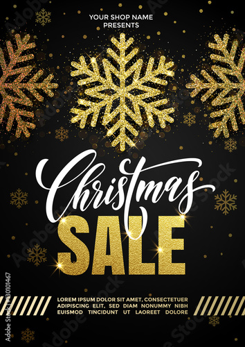 Sale poster placard Christmas promo. Golden glitter snowflakes