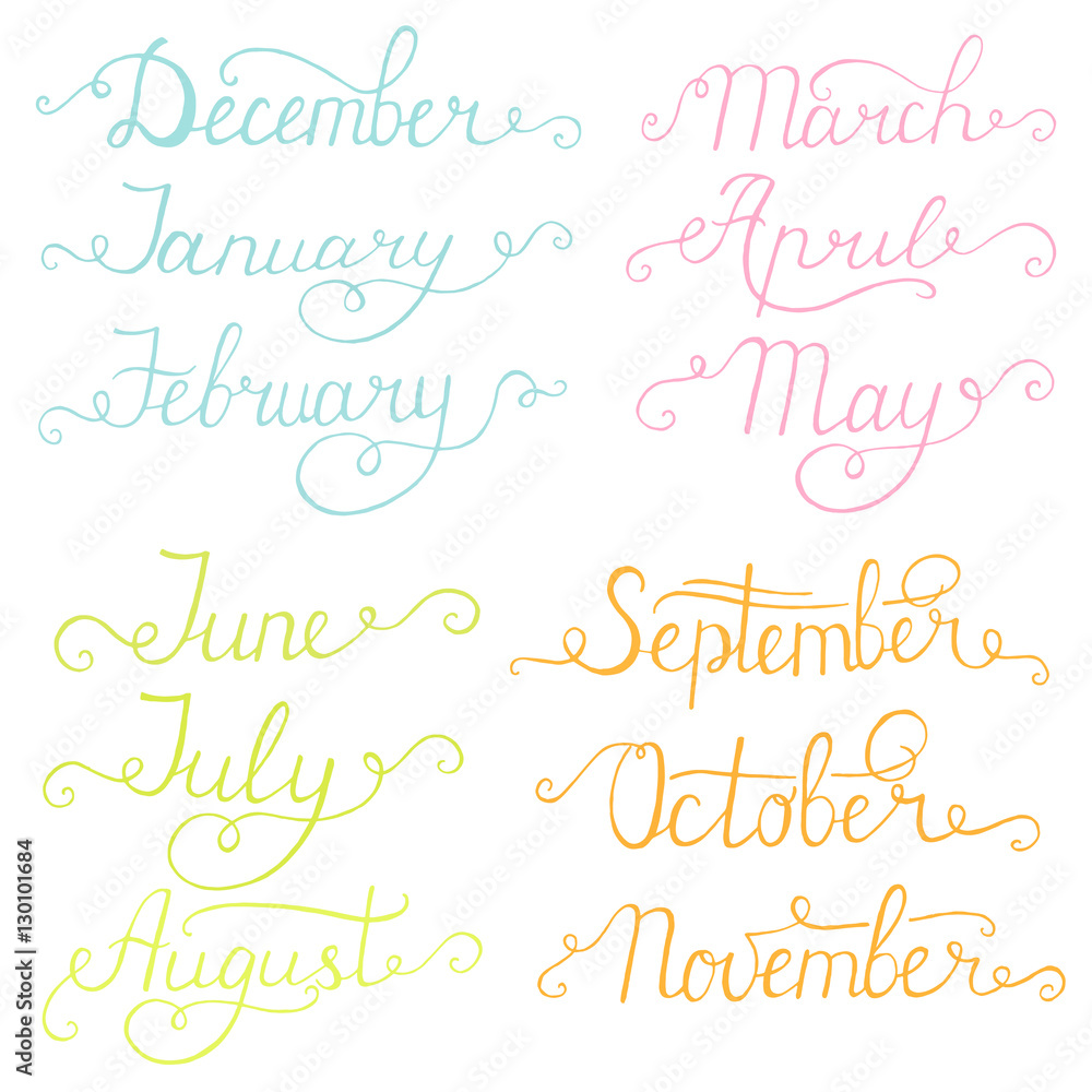 Handwritten months of the year: December, January, February, March, April, May, June, July, August, September, October, November. Calligraphy words for calendars and organizers.