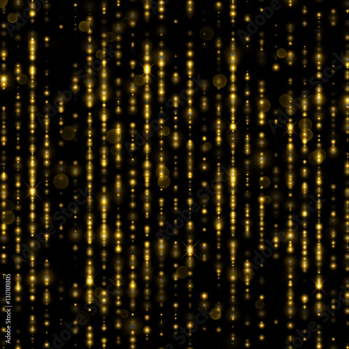 Golden tinsel threads with sparkling particles, gold glitter rain drops