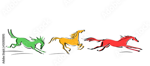 Set of galloping red, yellow, orange horses in motion on white background. Line hand drawing. Vector.