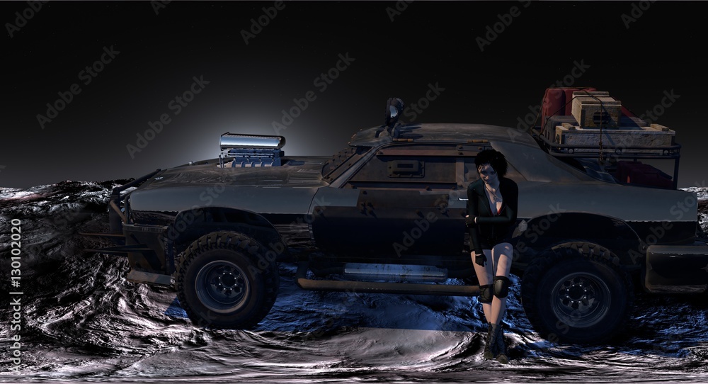 Sexy Female Survivor With Hot Rod in Space 3D Rendering