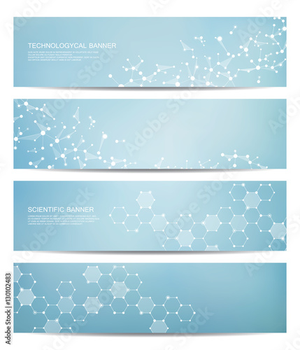 Set of modern scientific banners. Molecule structure DNA and neurons. Abstract background. Medicine, science, technology. Vector illustration for your design.