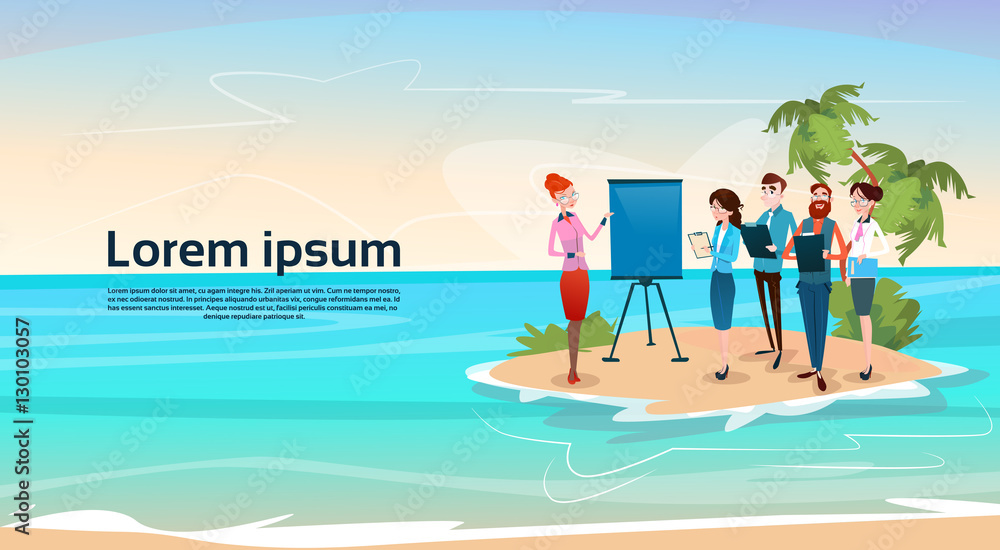 Business People Group Presentation Beach Seaside, Businesspeople Team Training Conference Meeting Flat Vector Illustration