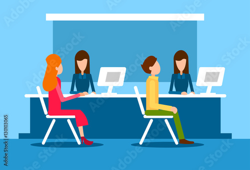 Bank Office Interior Client Man Woman Sit Desk Banker Worker Workplace Flat Vector Illustration