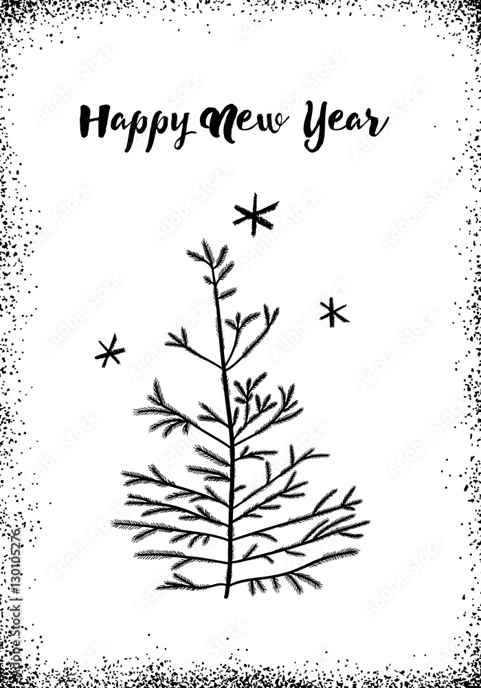 Hand drawn Christmas card. New year pine or fir tree with snow. Calligraphic Christmas holiday text on white background in grunge frame. Hand drawn Christmas card. New year pine or fir tree with snow. Calligraphic Christmas holiday text on white background in grunge frame.