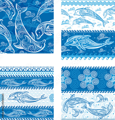 Set of Seamless pattern with dolphins
