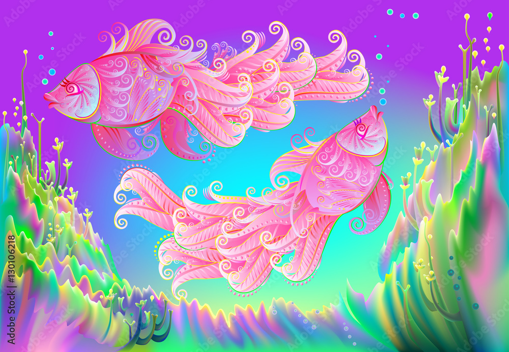 Abstract fantasy background in fairyland underwater environment with couple  of two pink fishes, vector image. Stock Vector | Adobe Stock