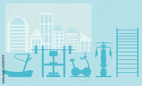 fitness gym interior template with sports equipments and cardio equipment, exercise bike, treadmills, elliptical trainers, . Fitness concept with sport Club in flat style. Blue silhouette.