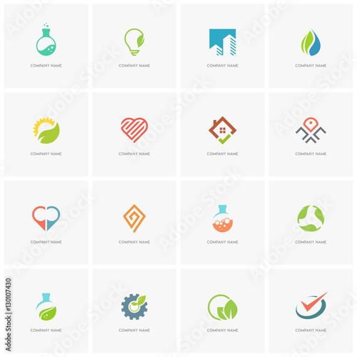 Total logo set 3 - real property, science, industry, love, business, nature and ecology flat icons.