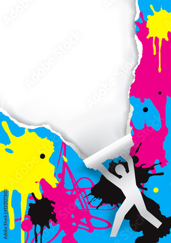 Male silhouettte with colorful splashes.
Male silhouette ripped paper with ink splatters and with space for your text or image. Vector available.