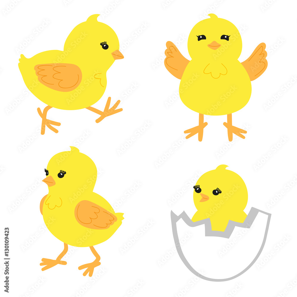Set of cute little chickens in different poses. Hand drawn yellow chicks isolated on white. Vector illustration. Set of cute little chickens in different poses. Hand drawn yellow chicks isolated on white. Vector illustration.