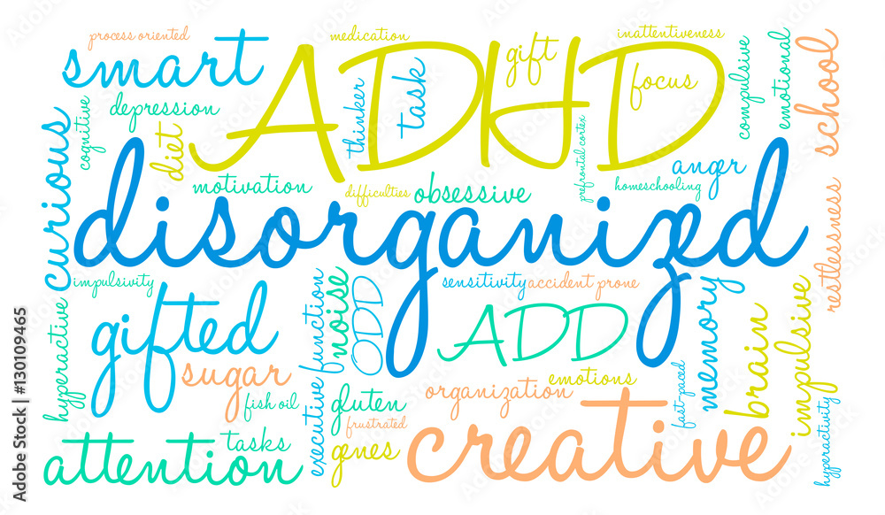 Disorganized ADHD Word Cloud on a white background.