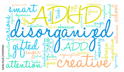 Disorganized ADHD Word Cloud on a white background.