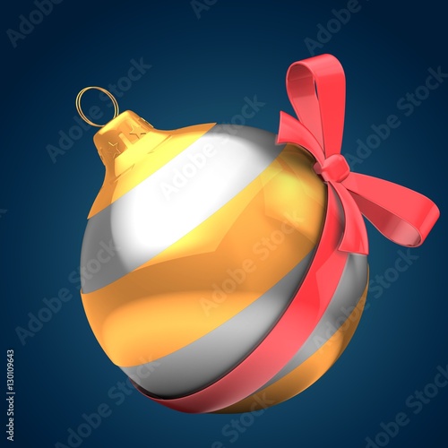 3d illustration of silver Christmas ball over dark blue background with golden line and red bow