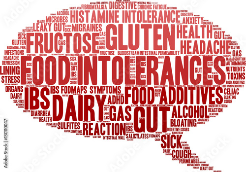 Food Intolerances word cloud on a white background. 