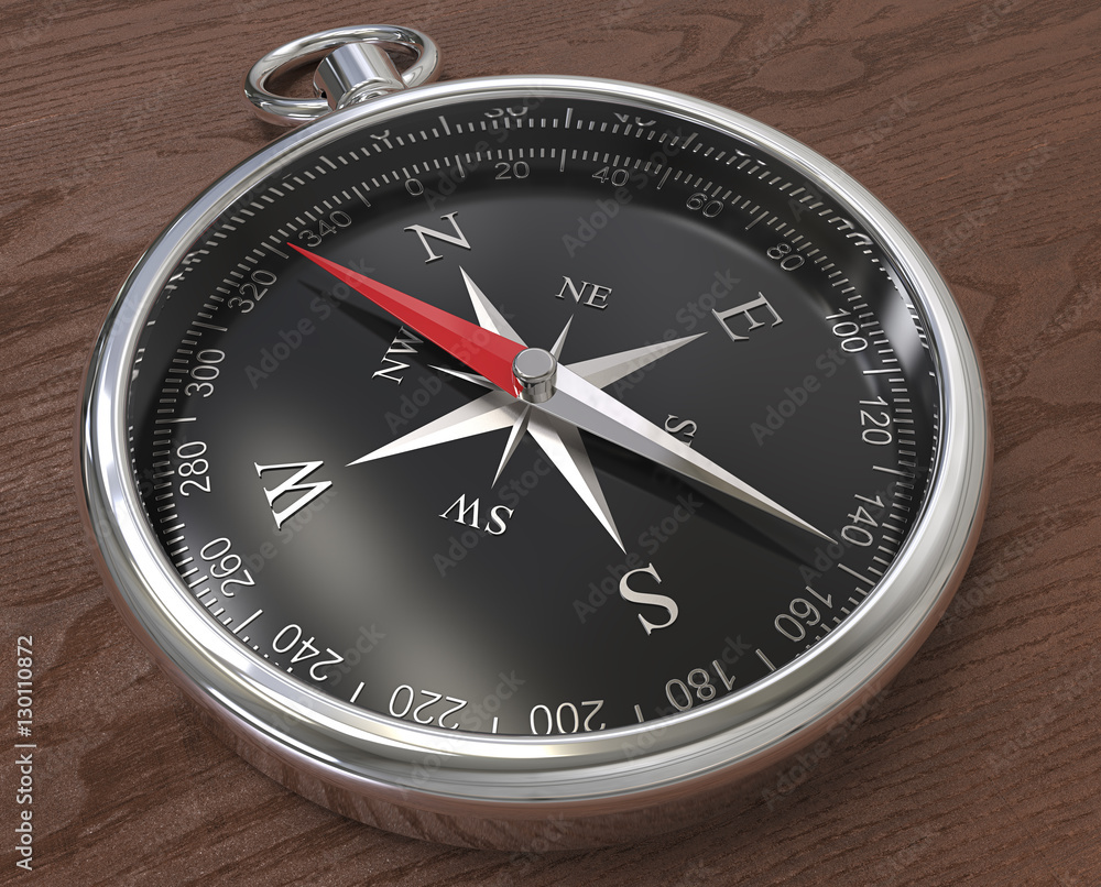 Compass. Metal compass, black dial. Wooden background. 3D render. Compass. Metal compass, black dial. Wooden background. 3D render.