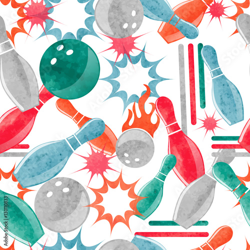 Watercolor bowling seamless pattern. Abstract vector background with colorful design elements. Bowling ball and pins.  