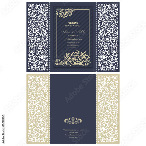 Wedding Invitation Baroque. Template for laser cutting. Open card. The front and rear side. It can be used as an envelope.