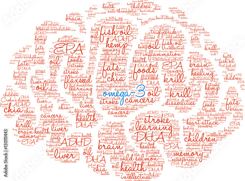 Omega-3 Brain Word Cloud on  a white background. 