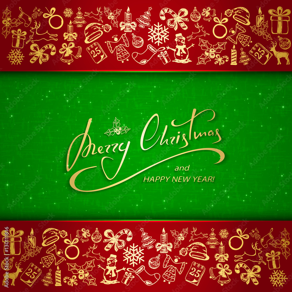Christmas lettering and decorative elements on red and green bac Christmas lettering and decorative elements on red and green bac